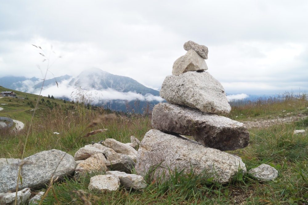 a pile of rocks sitting on top of a grass covered hillside