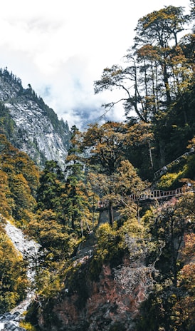 a scenic view of a mountain with a bridge in the middle