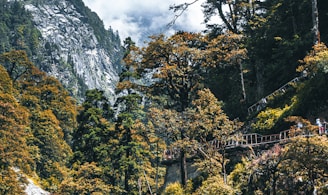 a scenic view of a mountain with a bridge in the middle