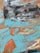 An abstract painting featuring swirling patterns and dynamic brushstrokes. The composition includes patches of light turquoise, earthy orange, white, black, and subtle hints of red and yellow. The colors blend together with a textured surface, creating an energetic and vibrant appearance.