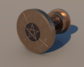 A bronze cylindrical object resembling a spool or reel, featuring a circular face with a star-shaped design in the center. The outer edge displays various astrological symbols arranged in a circle. The surface finish appears metallic and polished.