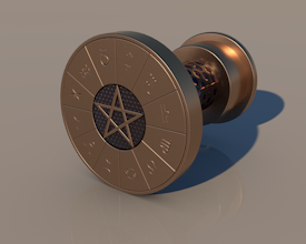 A bronze cylindrical object resembling a spool or reel, featuring a circular face with a star-shaped design in the center. The outer edge displays various astrological symbols arranged in a circle. The surface finish appears metallic and polished.