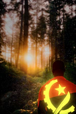 A dignified group of Angolan war veterans standing proudly with the national flag in the background