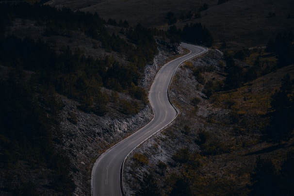 Cinematic shot of a winding mountain road surrounded by deep shadows and vibrant greenery.