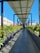 A long pathway is shadowed by a structure made of solar panels, with lush green plants on either side. The pathway is part of a building complex with colorful walls and a clear blue sky in the background.