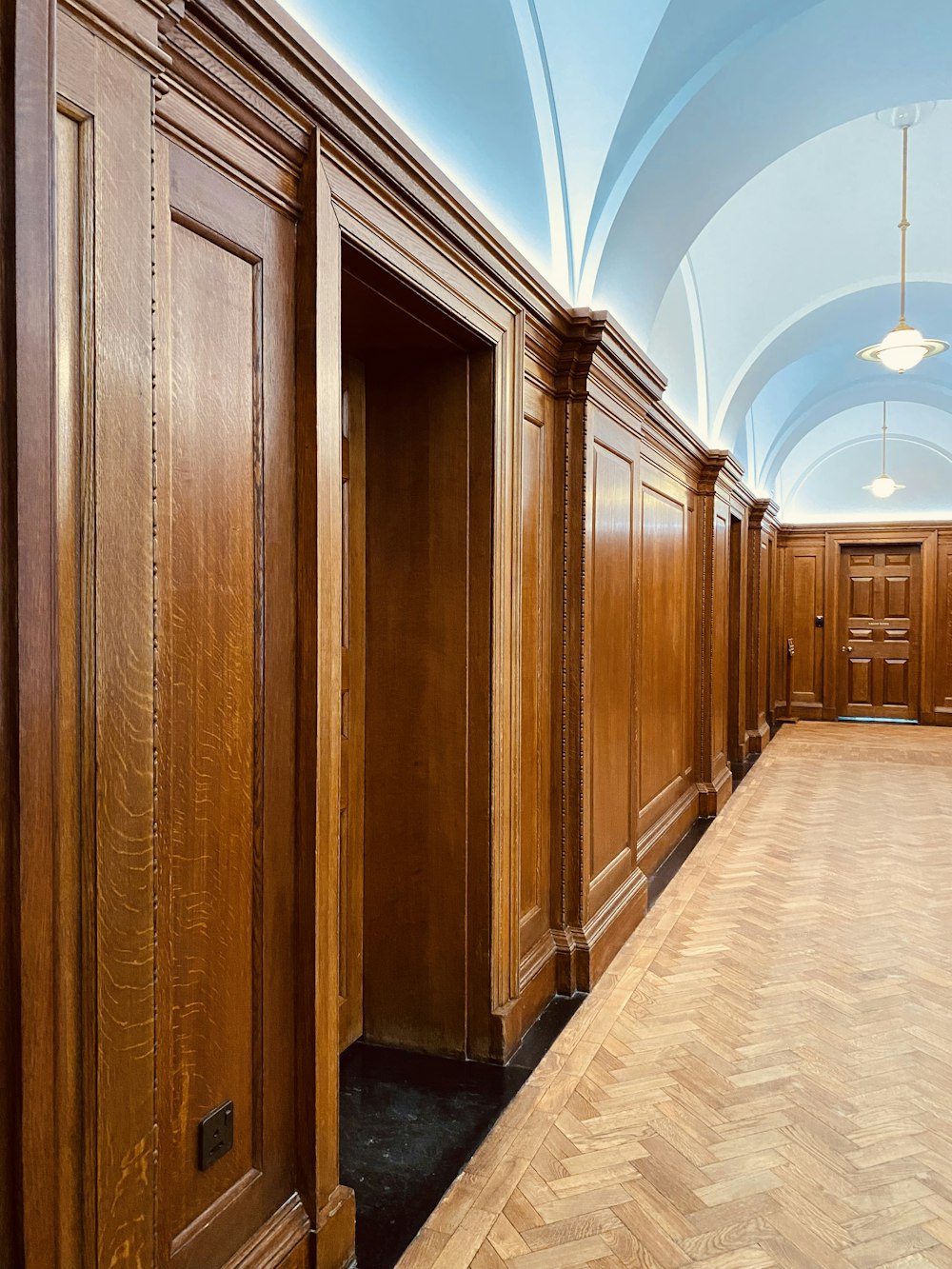 a row of wooden doors in a hallway
