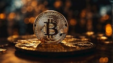 a bitcoin sitting on top of a pile of gold coins