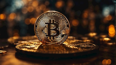 a bitcoin sitting on top of a pile of gold coins