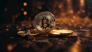 Monedas físicas de Bitcoin brillando sobre una superficie dorada, simbolizando la economía digital