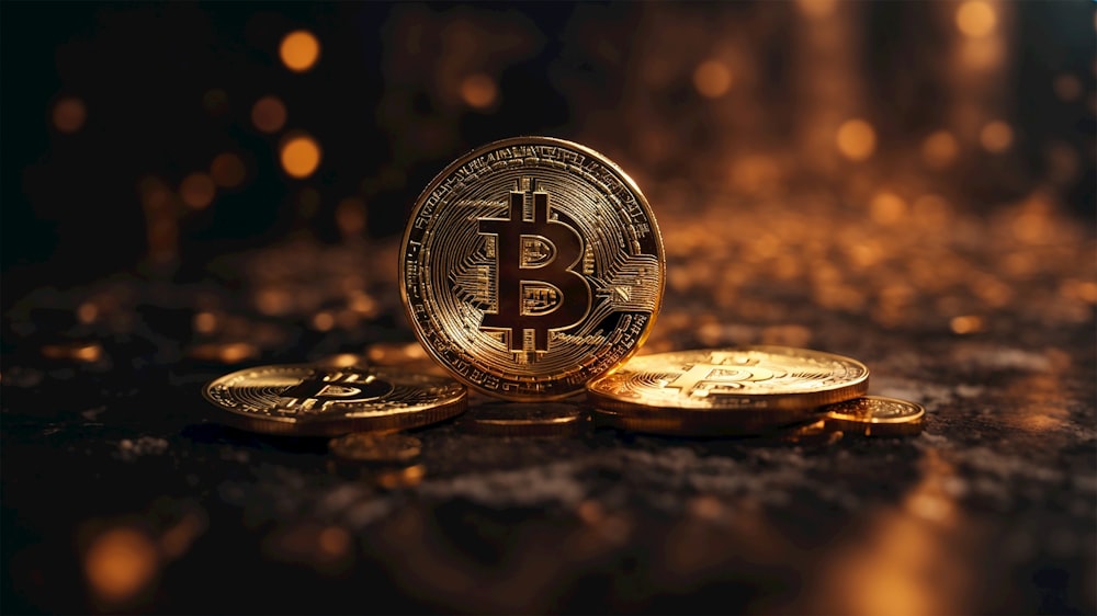 Ein Bitcoin, der auf einem Haufen Goldmünzen sitzt