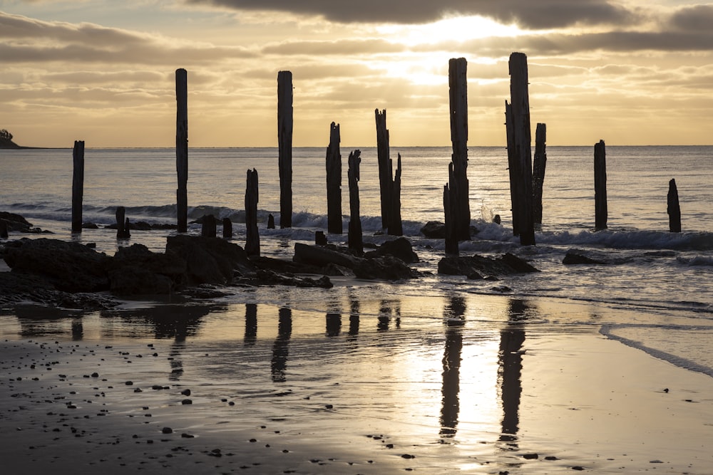 the sun is setting over the ocean with old wooden posts sticking out of the water