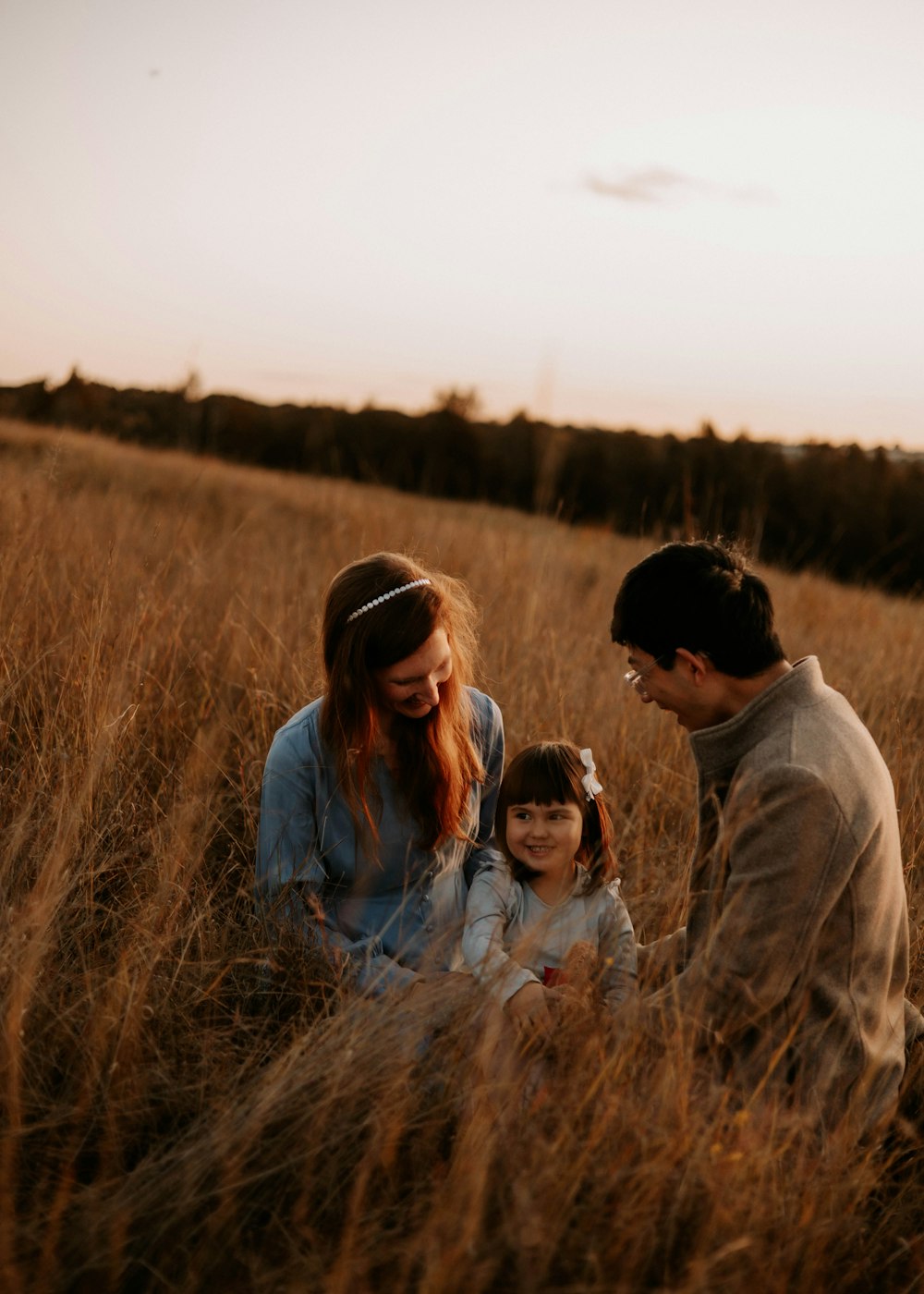 a family sitting in a field of tall grass