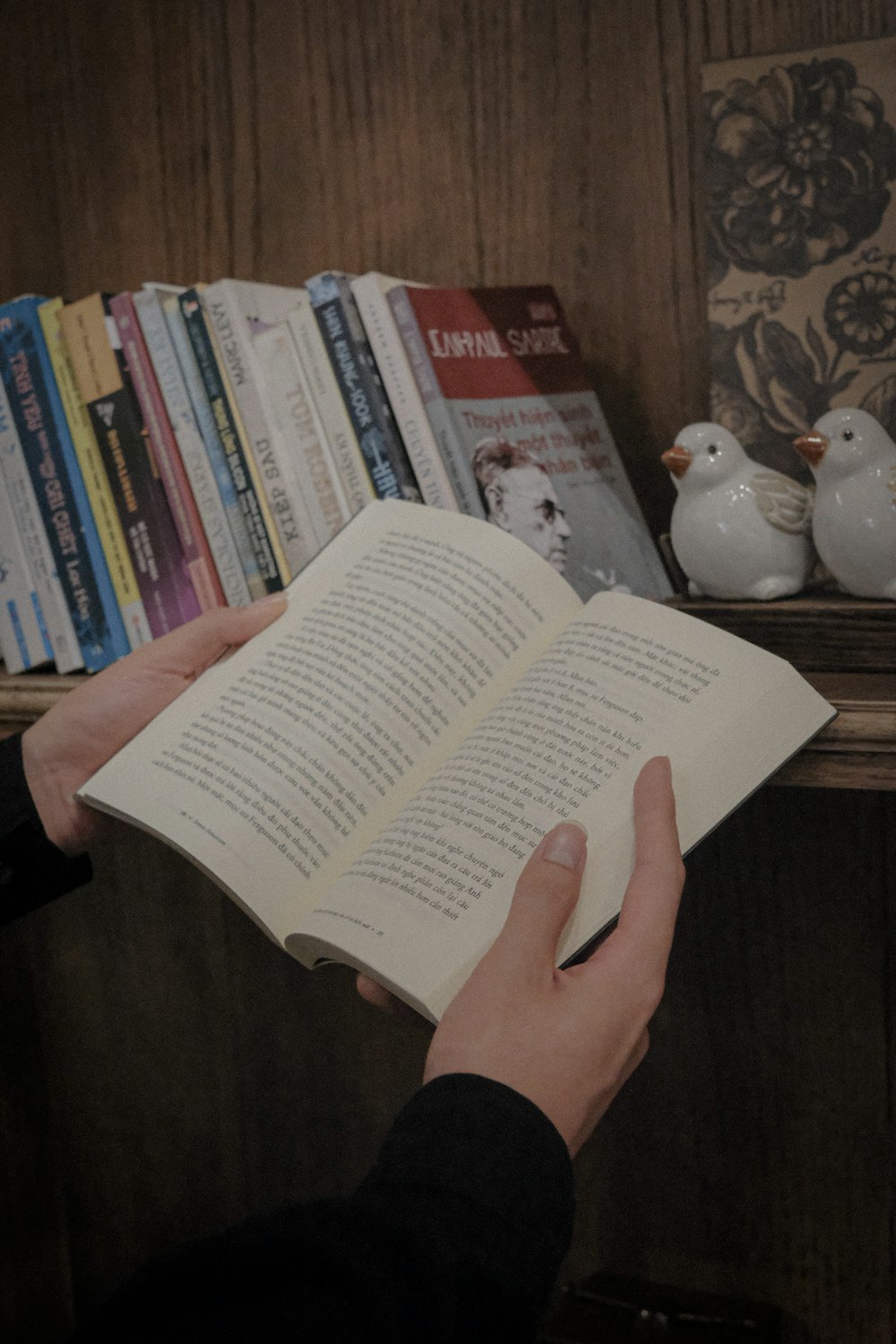 a person reading a book in front of a shelf of books