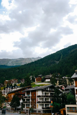 Wide-angle view of multiple chalets scattered across a lush green valley.