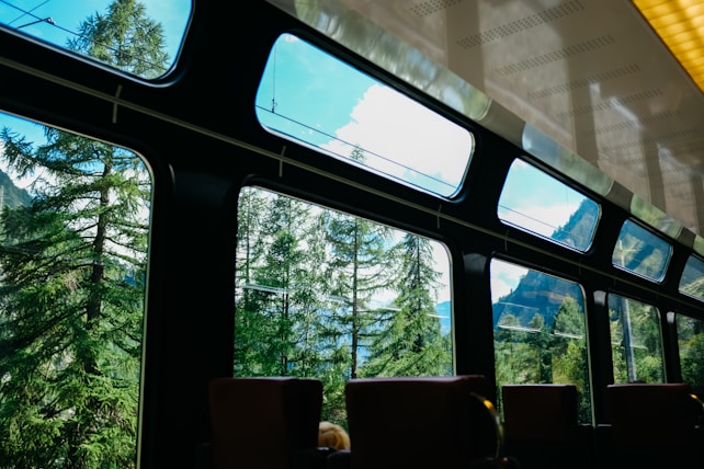 The interior of a train features large windows showcasing an expansive view of lush green trees and distant mountains. The ceiling of the train has a modern design with integrated lighting. The seating is partially visible, upholstered in dark fabric. The scene outside suggests a serene and picturesque landscape, possibly in a mountainous region.