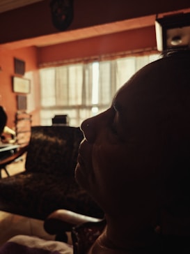 A silhouette of a person's face is prominently featured against a background of a warmly lit room. The interior includes a window with sheer curtains filtering in soft light, a patterned sofa, and framed pictures on the walls, creating a cozy and intimate atmosphere.
