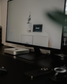 A sleek office setup with a large monitor displaying a minimalist wallpaper featuring a potted plant and a small speaker on a white surface. Below the monitor is a compact computer with a metallic finish, resting on a dark desk.