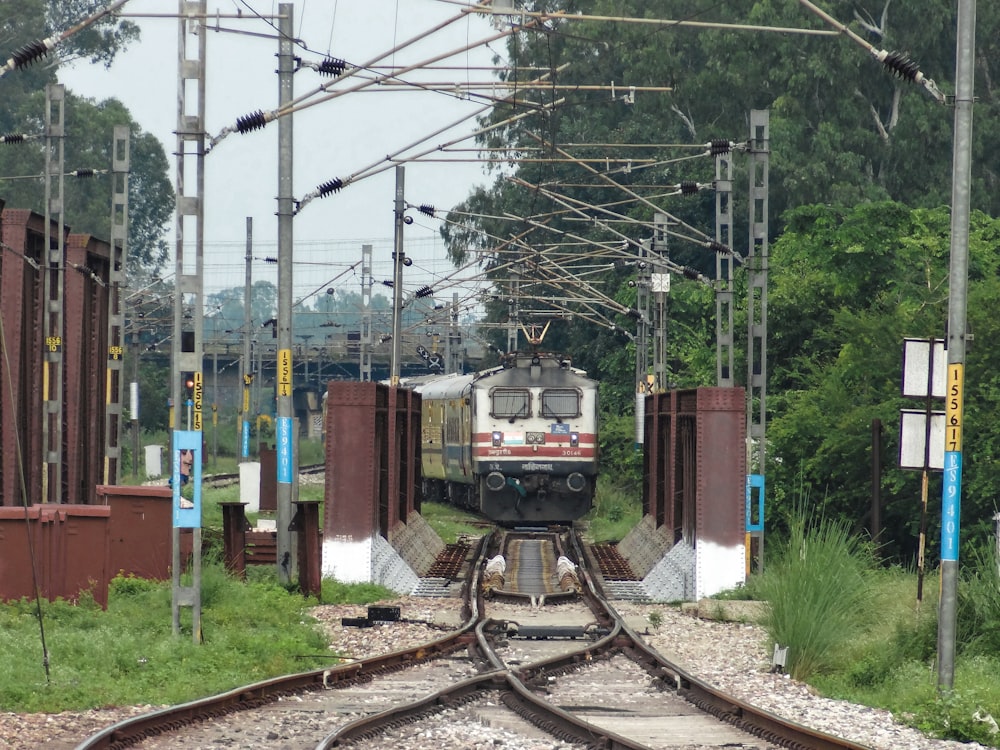 a train traveling down train tracks next to a forest