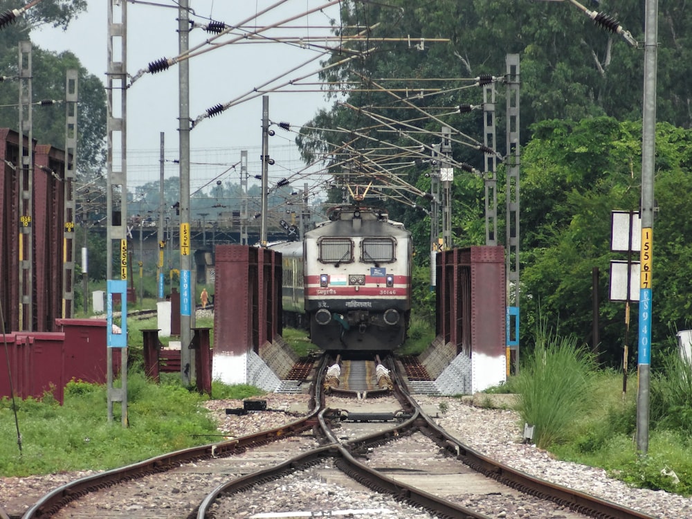 a train traveling down train tracks next to a forest