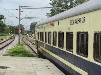 A passenger train travels along curved railway tracks surrounded by green vegetation and overhead power lines on a cloudy day. The side of the train is visible with windows and the words 'SECOND JAN CHAIR CAR' marked on it.