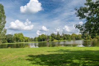 A serene landscape featuring a tranquil lake surrounded by lush greenery and soft clouds in the sky, evoking a sense of peace and calm.
