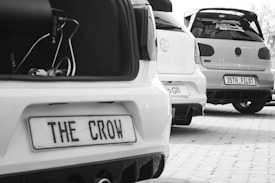 Three modified cars are parked in a line, capturing their rear ends. Each car has custom license plates and visible enhancements like spoilers. The scene is monochrome, highlighting the details of the vehicles.