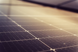 A close-up of solar panels featuring a grid of dark photovoltaic cells arranged in a linear pattern. The soft lighting creates a gradient effect across the surface, enhancing the reflective quality of the panels.