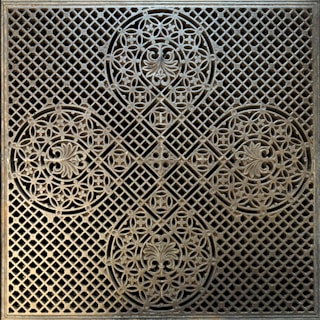 A decorative, intricate metal grate featuring symmetrical floral patterns and geometric shapes. The design consists of circular motifs with ornate floral embellishments and a lattice background, giving it a classic and artistic appearance.