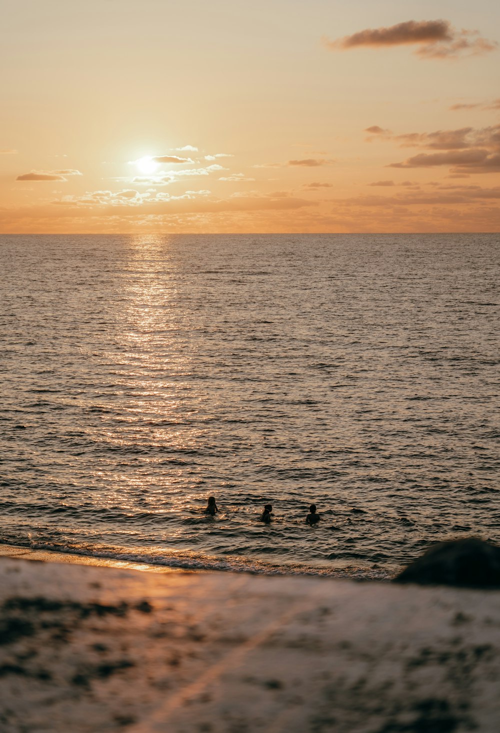 Un couple de personnes nageant dans l’océan au coucher du soleil