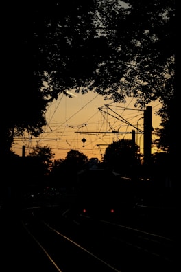 Cables and electrical wires form intricate patterns against a sunset sky, with silhouetted trees framing the scene. A dimly lit train track runs through the middle of the image.