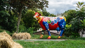 A vibrantly painted cow sculpture stands in a green park-like setting, featuring bold patterns and colors such as red, blue, and yellow. It is surrounded by lush greenery, hay bales, and trees, under a cloudy sky.