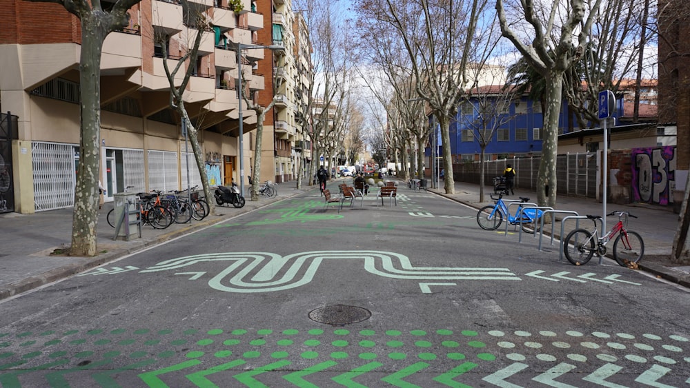 a city street with a bike lane painted on it