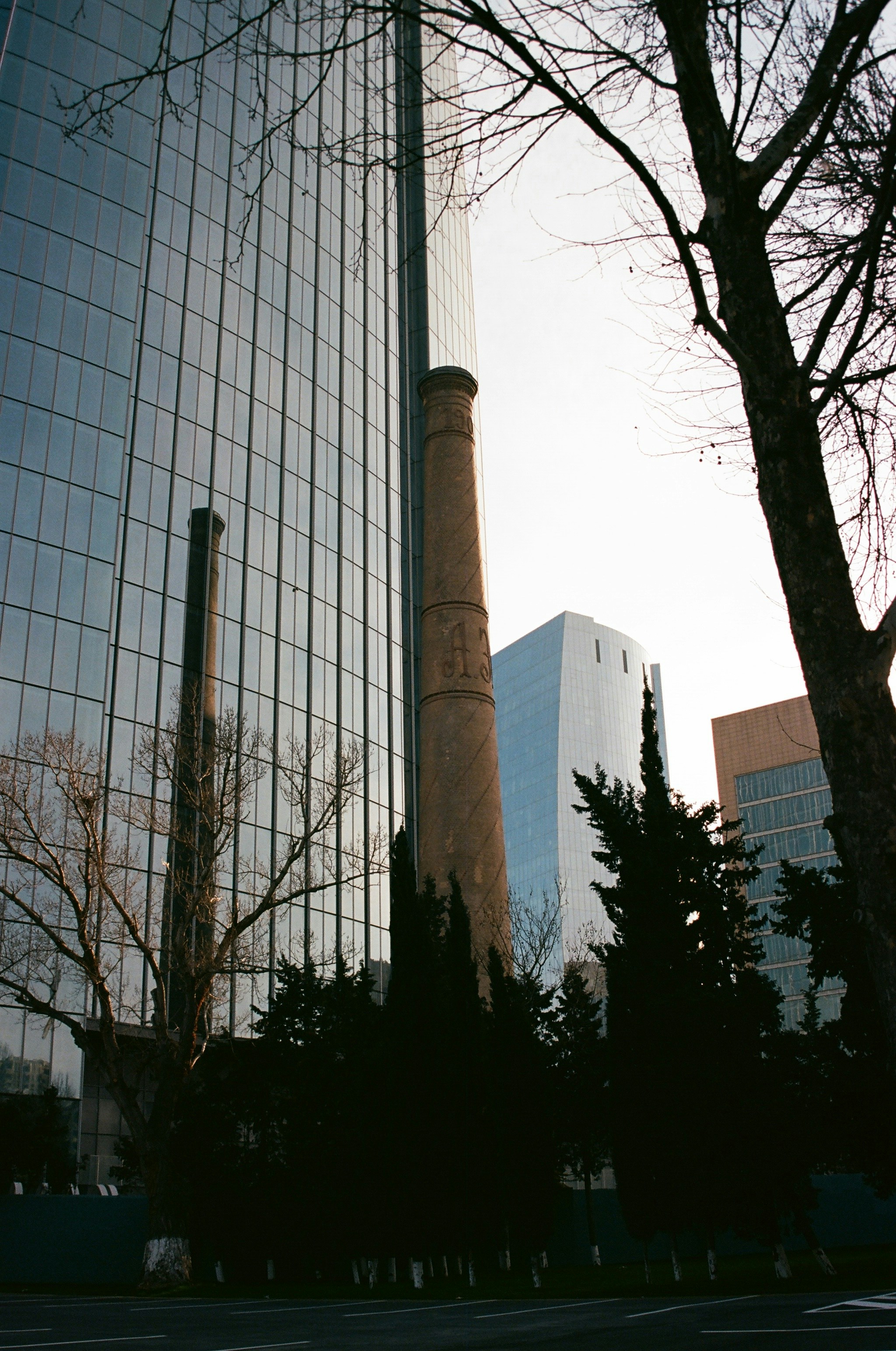 a tall building with a lot of windows next to trees