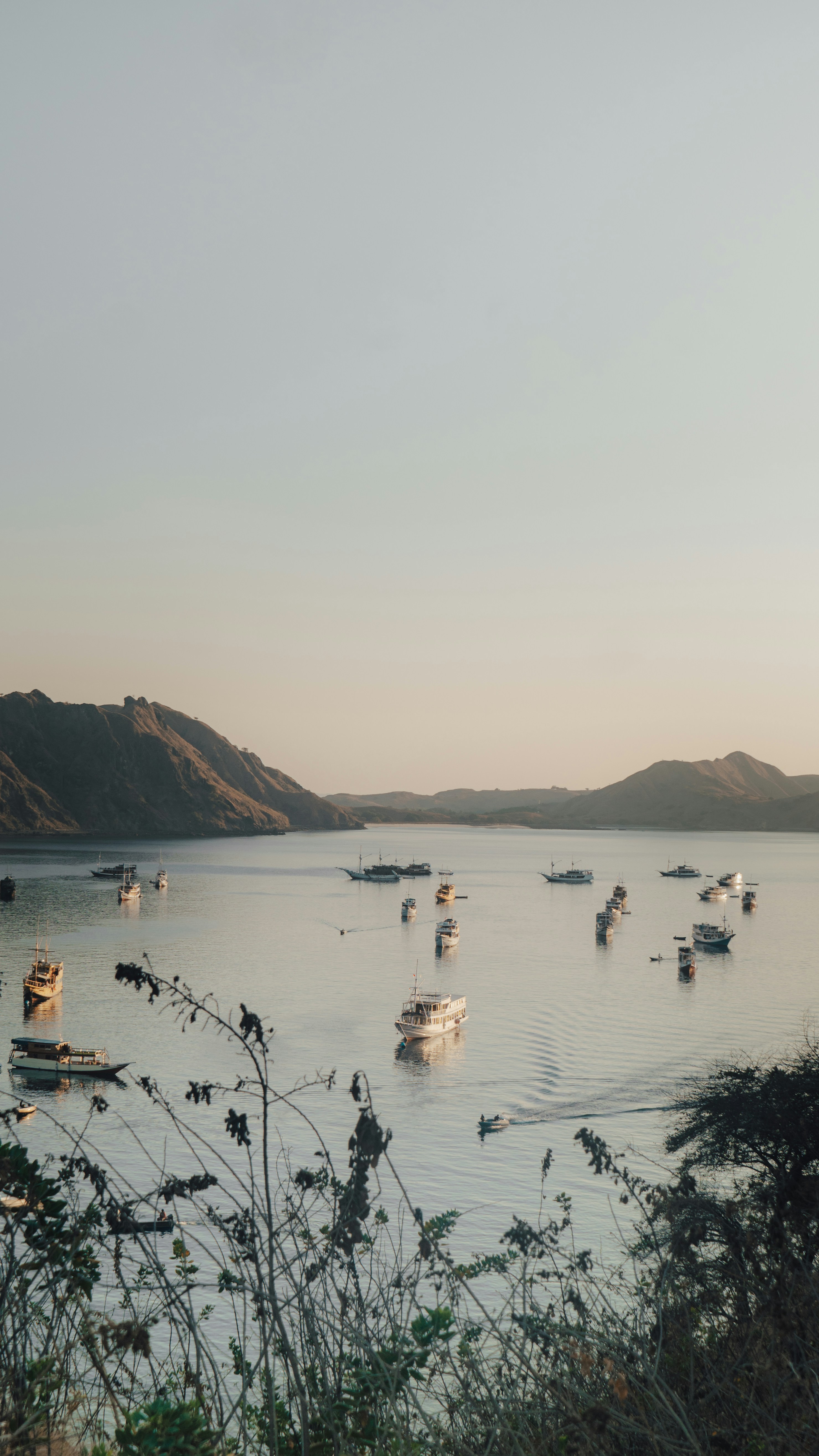 um grupo de barcos flutuando no topo de um lago