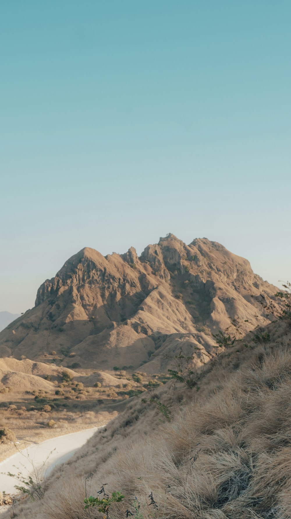 a view of a mountain range from the top of a hill