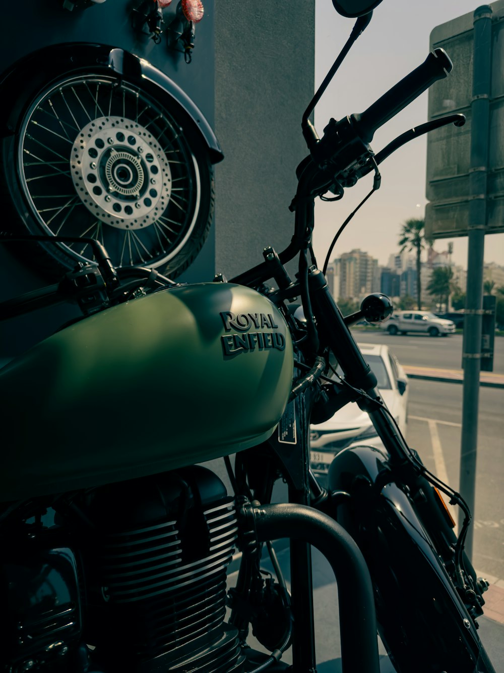 a motorcycle parked on the side of the road