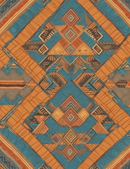 A vibrant geometric pattern featuring intricate designs with repeating diamond and triangle shapes. The pattern is composed of a rich combination of earthy tones and bright hues, creating a dynamic visual effect with detailed lines and symmetrical shapes.