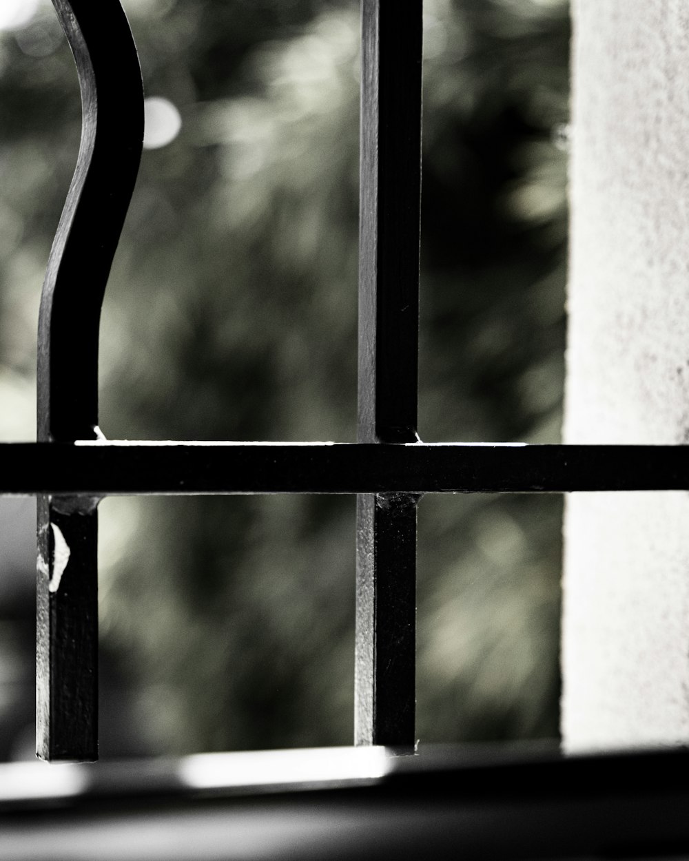 a black and white photo of a window with bars