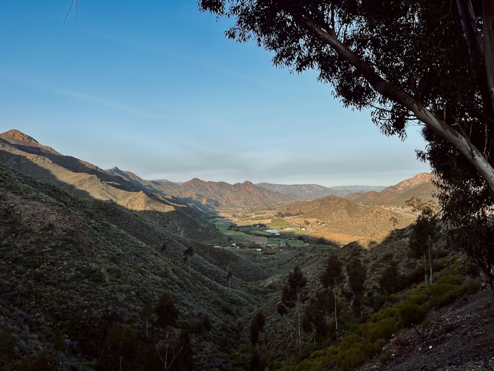 a scenic view of a valley with mountains in the background