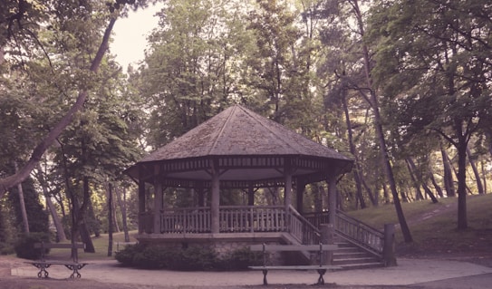 A wooden gazebo stands amidst a lush park surrounded by tall trees. The gazebo features a multi-sided roof and wooden railings, with a small set of stairs leading up to its platform. A bench is visible in the foreground, adding to the serene atmosphere of the scene.