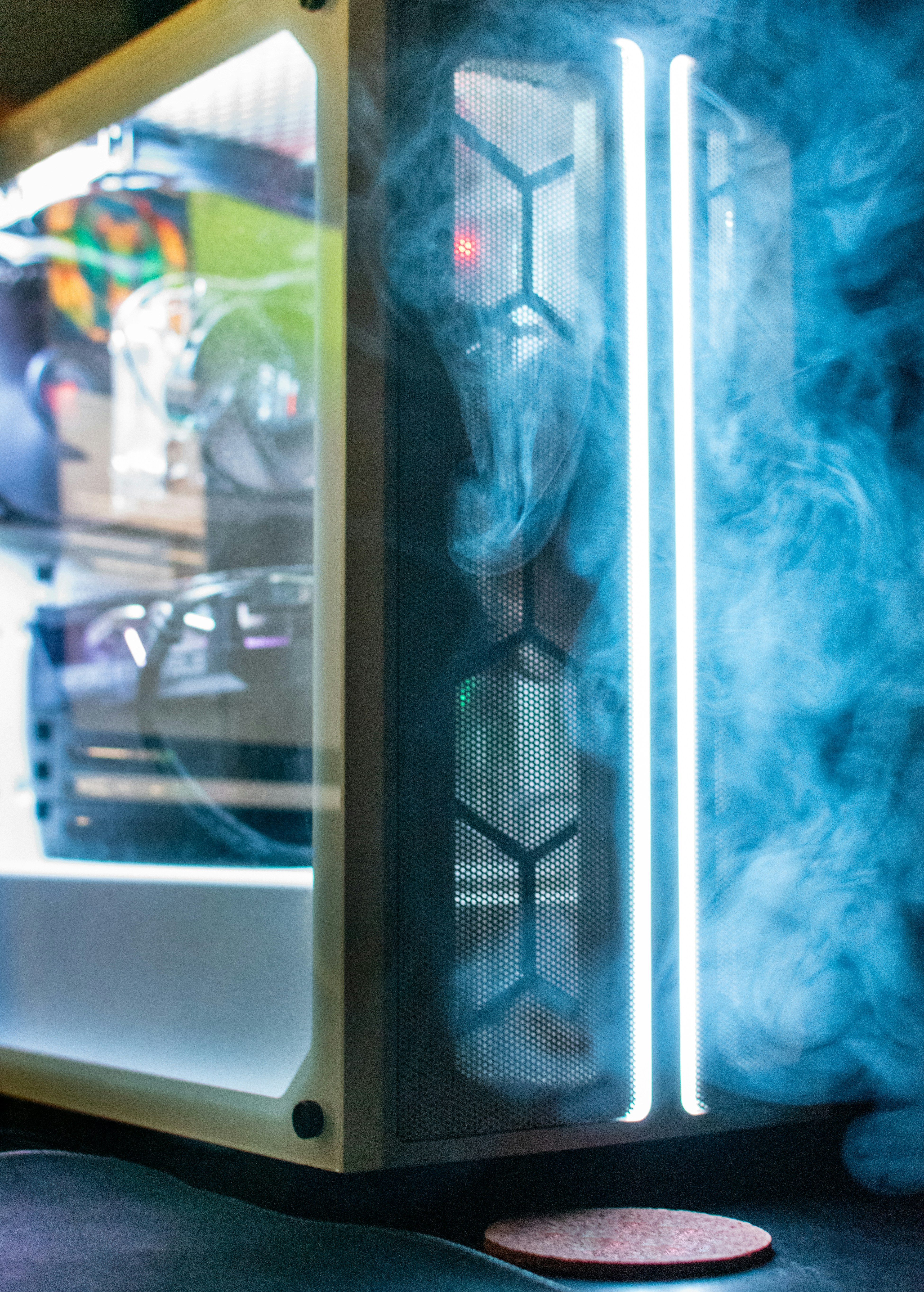 a computer case with smoke coming out of it