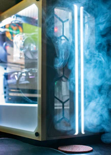 a computer case with smoke coming out of it