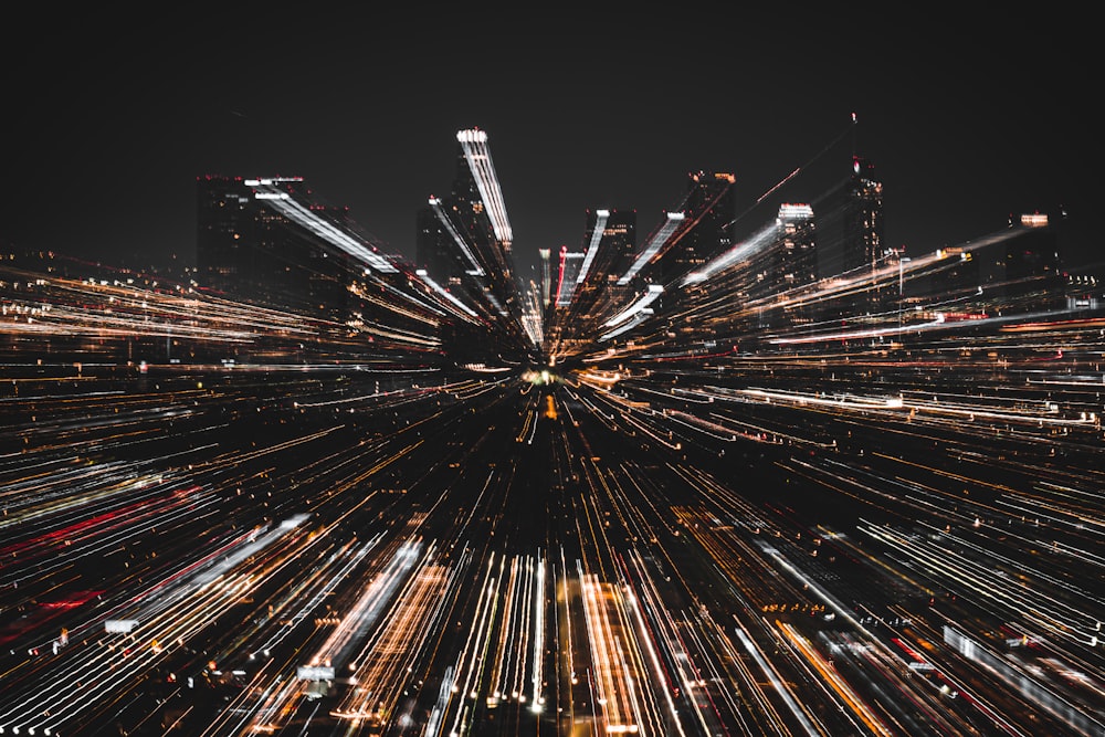 an aerial view of a city at night