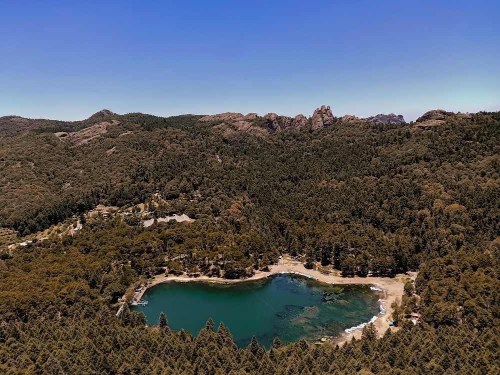 an aerial view of a lake surrounded by trees