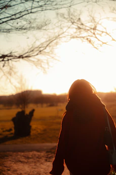 A contemplative shadow of a person walking alone on a quiet, tree-lined path at dusk.