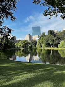The peaceful Außenmühlenteich park with green trees and a calm pond reflecting the sky.