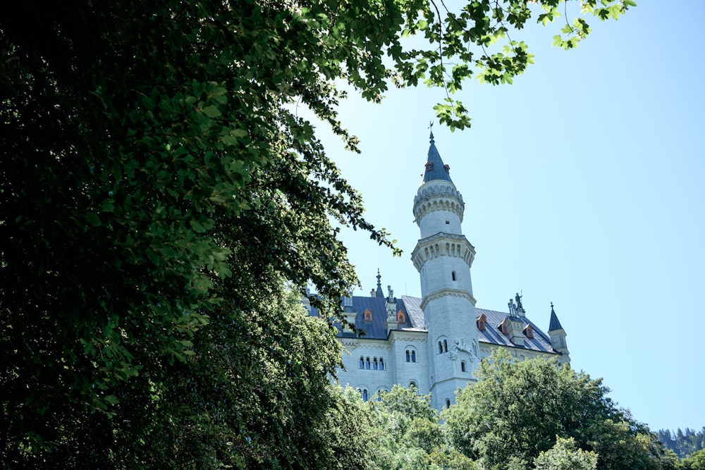 Un gran castillo blanco con una torre rodeada de árboles