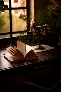 an open book sitting on top of a wooden table