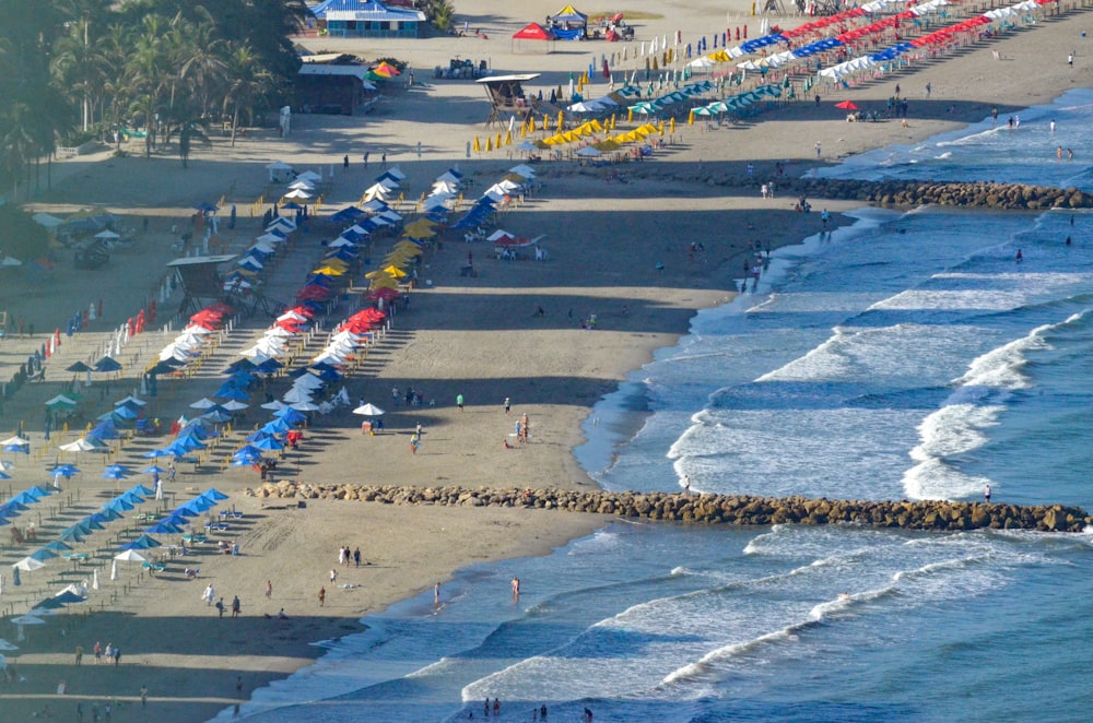 a group of people standing on top of a beach next to the ocean