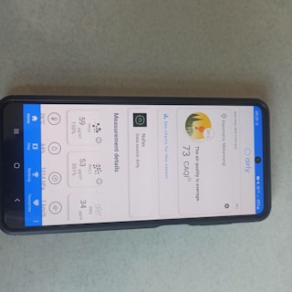 A smartphone lying on a surface with its screen displaying an air quality monitoring app. The app shows various air quality measurements in detail, including PM10, PM2.5, PM1 levels, and temperature. It also indicates that the current air quality index (CAQI) is 73 with a status of 'average'.